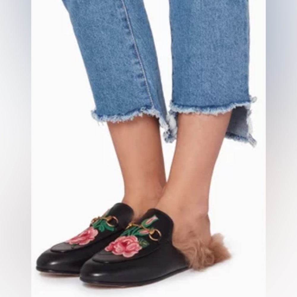 New Gucci Princetown Horsebit fur Mules Lined black Embroidered Flower size 35 - Picture 5 of 14